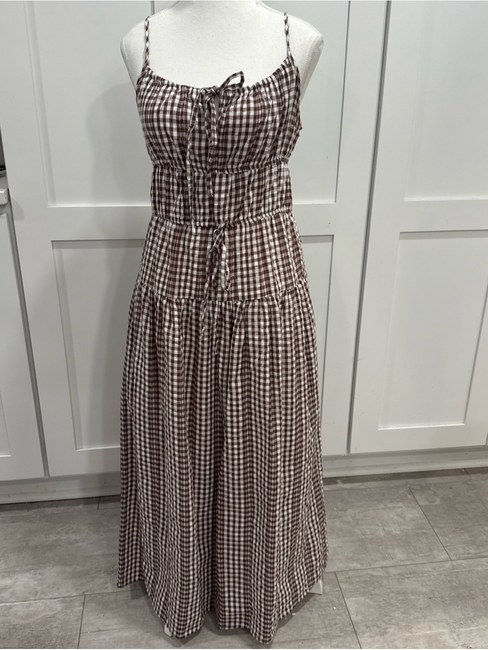 NWT Sim & Sam Brown Gingham Maxi Dress with Tie Front Sz M cottagecore
